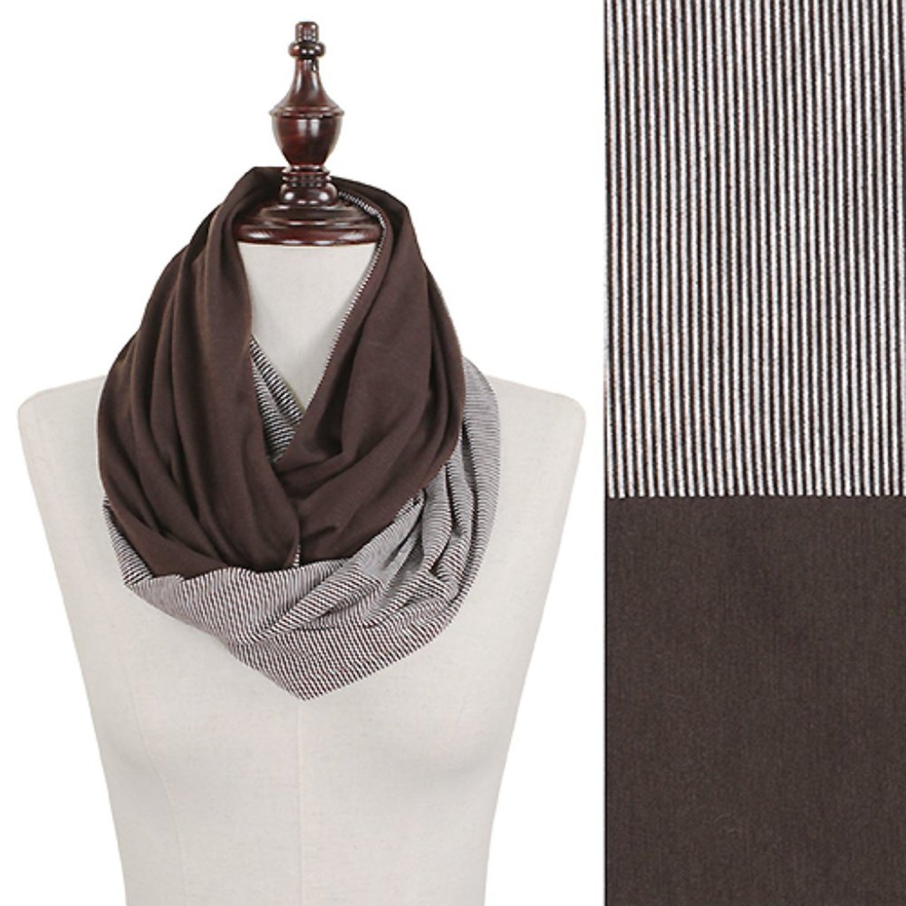 Trendy/Stylish Solid & Stripe Double Sided Jersey Infinity Scarf Brown Striped